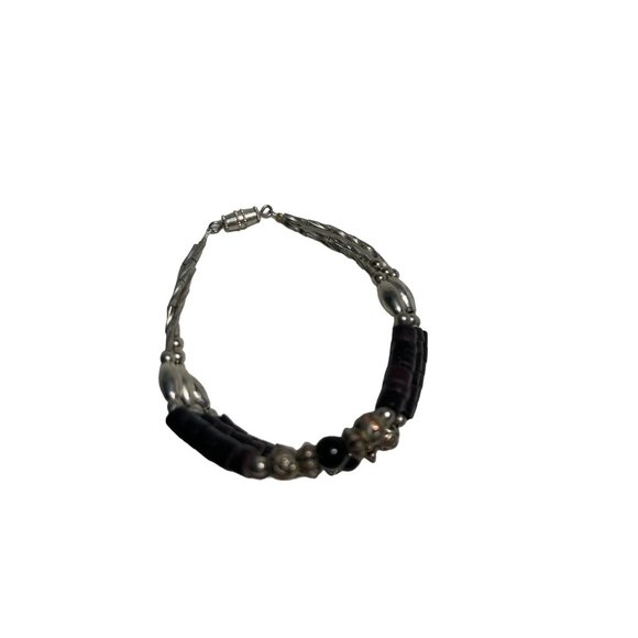 Silver Rose and Black Onyx Beaded Triple Strand Bracelet - Picture 1 of 8